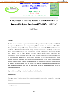 Comparison of the Two Periods of Ismet Inonu Era in Terms of Religious Freedom (1938-1945 / 1945-1950)