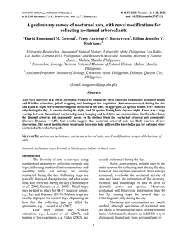 A Preliminary Survey of Nocturnal Ants, with Novel Modifications for Collecting Nocturnal Arboreal Ants