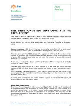 Enel Green Power: New Wind Capacity in the South of Italy