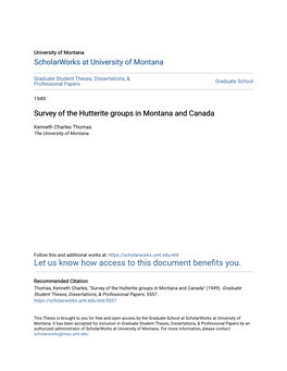 Survey of the Hutterite Groups in Montana and Canada