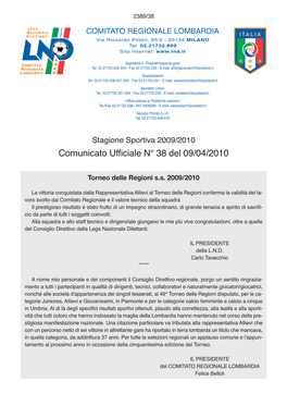 Comunicato Ufficiale N° 38 Del 09/04/2010