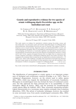 Genetic and Reproductive Evidence for Two Species of Ornate Wobbegong Shark Orectolobus Spp