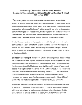 Preliminary Observations on British and American Documents Concerning the Activities of the Pirate Blackbeard, March 1717 to June 1718*