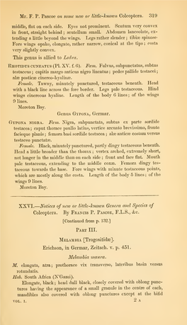 Notices of New Or Llttle-Hnown Genera and Species of Coleoptera