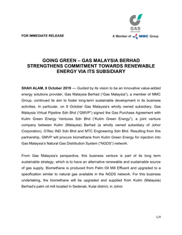 Going Green – Gas Malaysia Berhad Strengthens Commitment Towards Renewable Energy Via Its Subsidiary