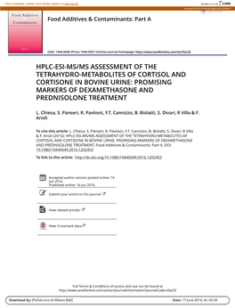 Hplc-Esi-Ms/Ms Assessment of the Tetrahydro-Metabolites of Cortisol and Cortisone in Bovine Urine: Promising Markers of Dexamethasone and Prednisolone Treatment