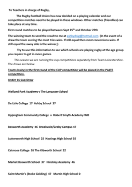 To Teachers in Charge of Rugby, the Rugby Football Union Has Now Decided on a Playing Calendar and Our Competition Matches Need to Be Played in These Windows