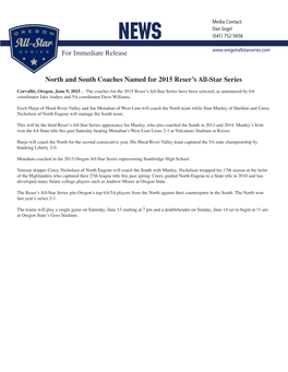 For Immediate Release North and South Coaches Named for 2015