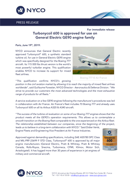 Turbonycoil 600 Is Approved for Use on General Electric GE90 Engine Family