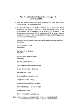 Acta De Instalación De La Comisión De Energía 3 De Octubre De 2012 1