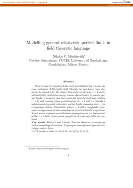 Modelling General Relativistic Perfect Fluids in Field Theoretic Language