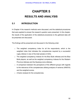 5.4 Weighted Competency Index for the Blue Bulls Players