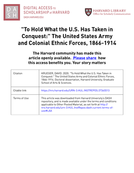 "To Hold What the U.S. Has Taken in Conquest:" the United States Army and Colonial Ethnic Forces, 1866-1914