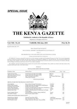 THE KENYA GAZETTE Published by Authority of the Republic of Kenya (Registered As a Newspaper at the G.P.O.)