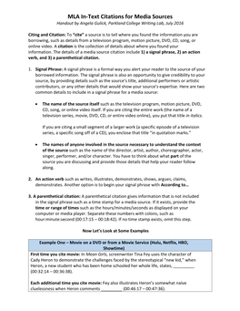 MLA In-Text Citations for Media Sources Handout by Angela Gulick, Parkland College Writing Lab, July 2016