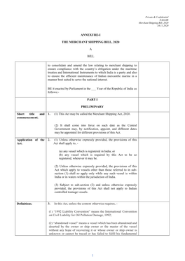 ANNEXURE-I the MERCHANT SHIPPING BILL, 2020 a BILL To