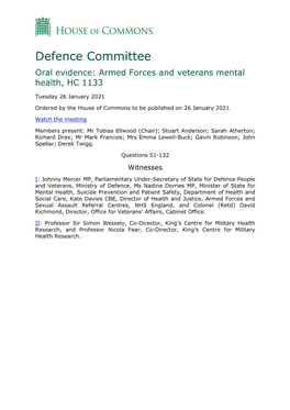 Defence Committee Oral Evidence: Armed Forces and Veterans Mental Health, HC 1133