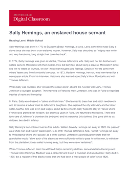 Sally Hemings, an Enslaved House Servant