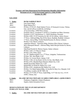 Treasury and State Department Iran Designations Identifier Information Pursuant to E.O