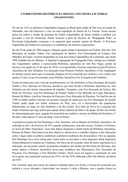 UM BREVÍSSIMO HISTÓRICO DA MISSÃO CAPUCHINHA EM TERRAS AMAZONENSES. No Ano De 1612 Os Primeiros Capuchinhos Chegam Ao Brasil