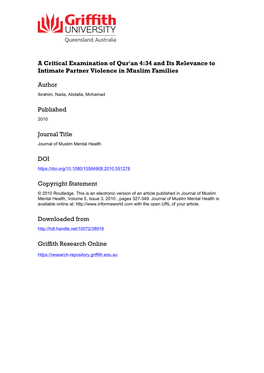 A Critical Examination of Qur'an 4:34 and Its Relevance to Intimate Partner Violence in Muslim Families