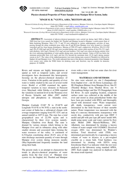 Physico-Chemical Properties of Water Samples from Manipur River System, India