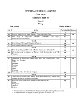 HINDUSTANI MUSIC (Vocal) (XI-XII) Code – 034 SESSION: 2021-22