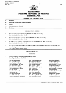 THE SENATE FEDERAL REPUBLIC of NIGERIA ORDER PAPER Thursday, 7Th February, 2013 1