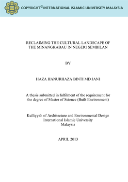 Reclaiming the Cultural Landscape of the Minangkabau in Negeri Sembilan