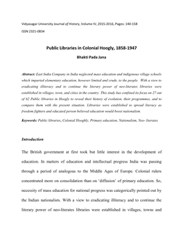 Public Libraries in Colonial Hoogly, 1858-1947