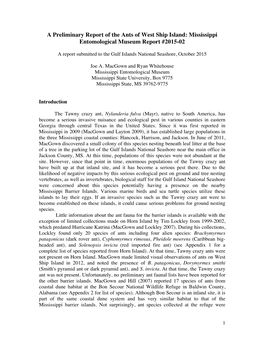 A Preliminary Report of the Ants of West Ship Island: Mississippi Entomological Museum Report #2015-02