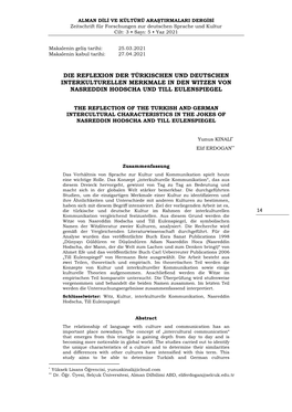 Die Reflexion Der Türkischen Und Deutschen Interkulturellen Merkmale in Den Witzen Von Nasreddin Hodscha Und Till Eulenspiegel