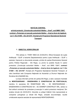 NOTĂ DE CONTROL Privind Proiectul „Construcţia Autostrăzii Nădlac