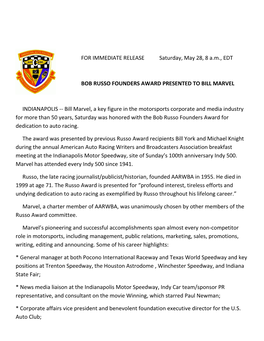 FOR IMMEDIATE RELEASE Saturday, May 28, 8 A.M., EDT BOB