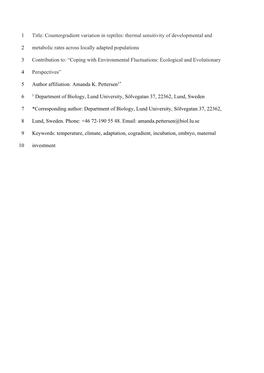 Title: Countergradient Variation in Reptiles: Thermal Sensitivity of Developmental And