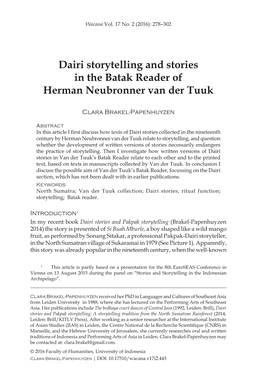 Dairi Storytelling and Stories in the Batak Reader of Herman Neubronner Van Der Tuuk