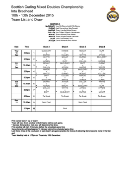 Scottish Curling Mixed Doubles Championship Intu Braehead 10Th - 13Th December 2015 Team List and Draw