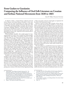 From Guslars to Garašanin: Comparing the Influence of Oral Folk Literature on Croatian and Serbian National Movements from 1830 to 1865 Anna M