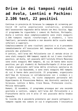 Drive in Dei Tamponi Rapidi Ad Avola, Lentini E Pachino: 2.106 Test, 22 Positivi