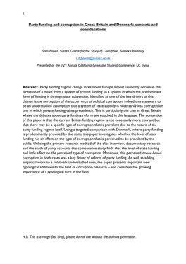 Party Funding and Corruption in Great Britain and Denmark: Contexts and Considerations