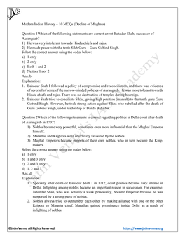 Modern Indian History – 10 Mcqs (Decline of Mughals) Question