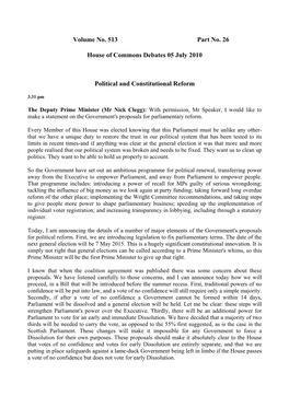 Volume No. 513 Part No. 26 House of Commons Debates 05 July 2010