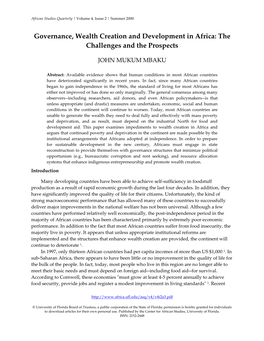 Governance, Wealth Creation and Development in Africa: the Challenges and the Prospects