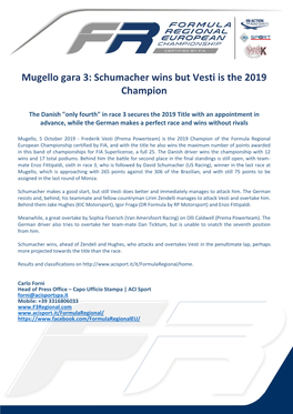 Mugello Gara 3: Schumacher Wins but Vesti Is the 2019 Champion