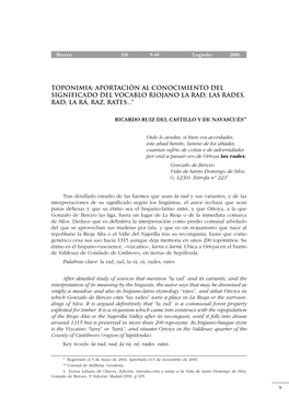 Aportación Al Conocimiento Del Significado Del Vocablo Riojano La Rad, Las Rades, Rad, La Rá, Raz, Rates...*