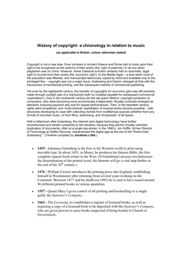 History of Copyright: a Chronology in Relation to Music