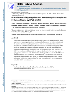 Quantification of Hypoglycin a and Methylenecyclopropylglycine in Human Plasma by HPLC-MS/MS