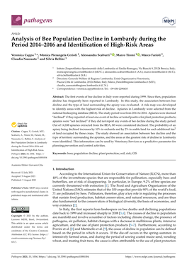 Analysis of Bee Population Decline in Lombardy During the Period 2014–2016 and Identiﬁcation of High-Risk Areas