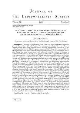 Butterflies of the Upper Frio-Sabinal Region, Central Texas, and Distribution of Faunal Elements Across the Edwards Plateau