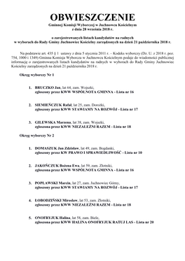 OBWIESZCZENIE Gminnej Komisji Wyborczej W Juchnowcu Kościelnym Z Dnia 28 Września 2018 R